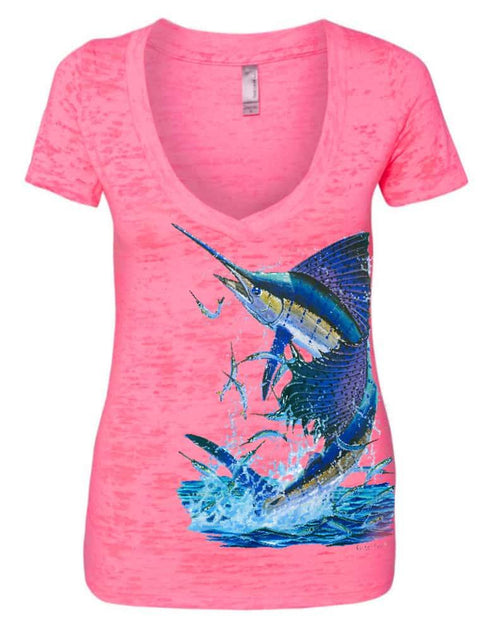 Women's Pink Sailfish V-neck Burnout Tee - KnottyTails